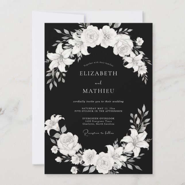 Invitation Mariage Romantique Floral Classique Noir et Blanc (Devant)