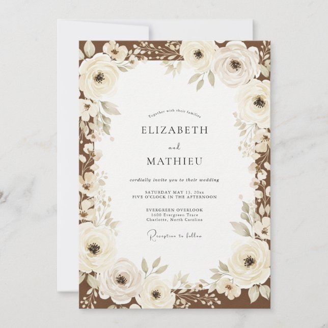 Invitation Mariage Romantique Floral Crème à l'Aspect Peint (Devant)