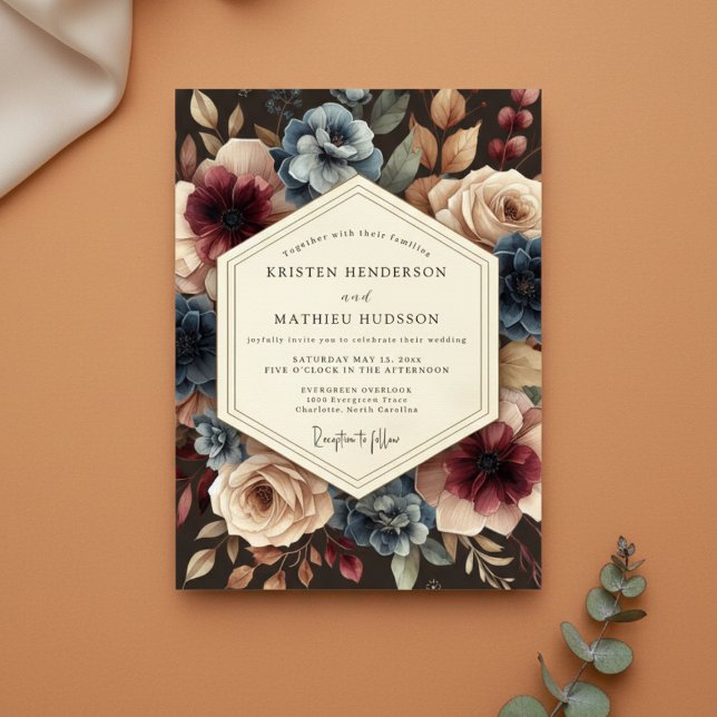 Invitation Mariage Romantique Floral de Bourgogne en Forêt (Créateur téléchargé)
