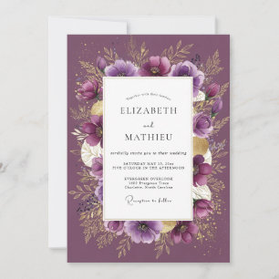 Invitation Mariage Romantique Floral Doré Prune
