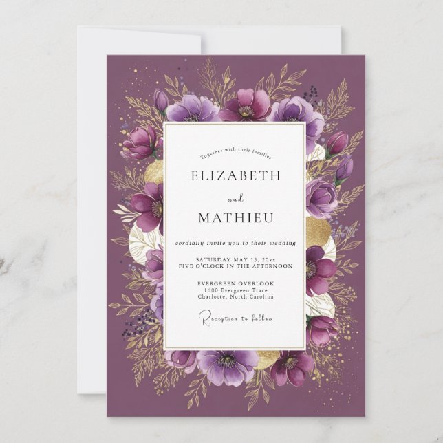 Invitation Mariage Romantique Floral Doré Prune (Devant)