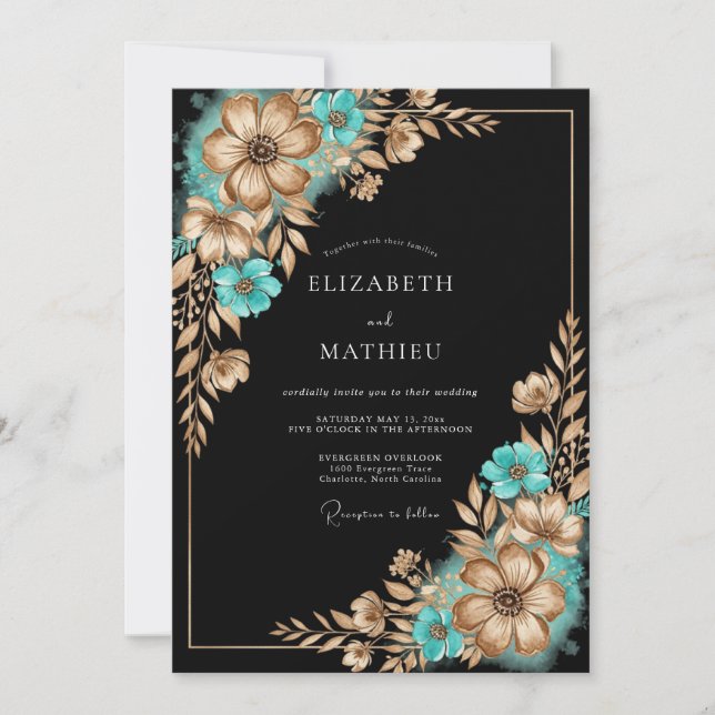 Invitation Mariage Romantique Floral Doré Sarcelle (Devant)