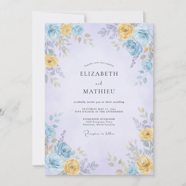 Invitation Mariage Romantique Floral Douce Pervenche (Devant)
