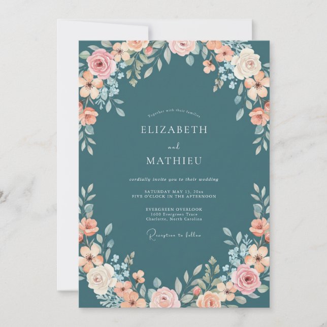 Invitation Mariage Romantique Floral Douceur Sarcelle (Devant)