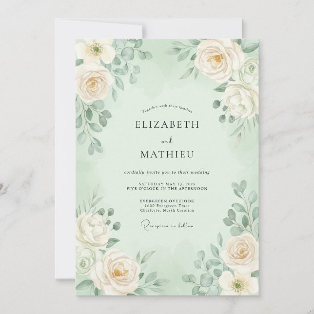 Invitation Mariage Romantique Floral Doux Menthe (Devant)