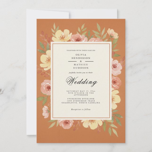 Invitation Mariage Romantique Floral en Terracotta (Devant)