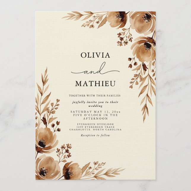 Invitation Mariage Romantique Floral Éthéré Brun (Devant)