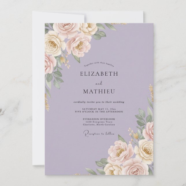 Invitation Mariage Romantique Floral Éthéré Lavande (Devant)