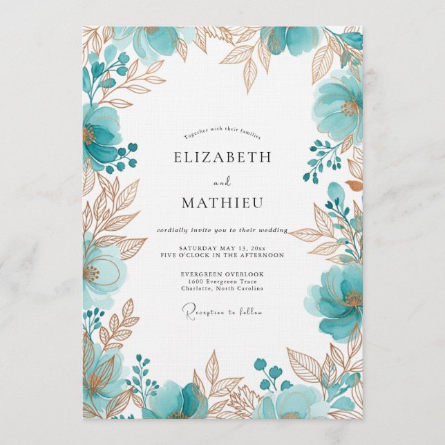 Invitation Mariage Romantique Floral Éthéré Turquoise (Devant)
