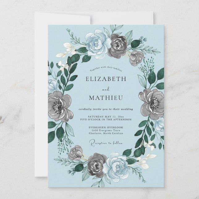 Invitation Mariage Romantique Floral Gris Bleu (Devant)