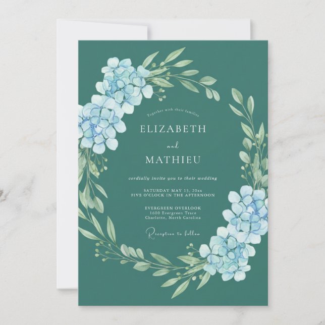 Invitation Mariage Romantique Floral Hydrangea Sarcelle (Devant)