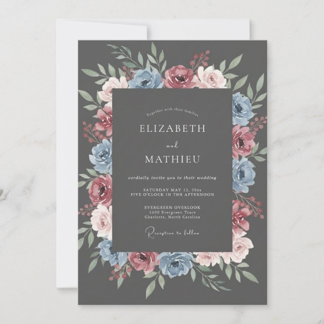Invitation Mariage Romantique Floral Indigo Blush (Devant)