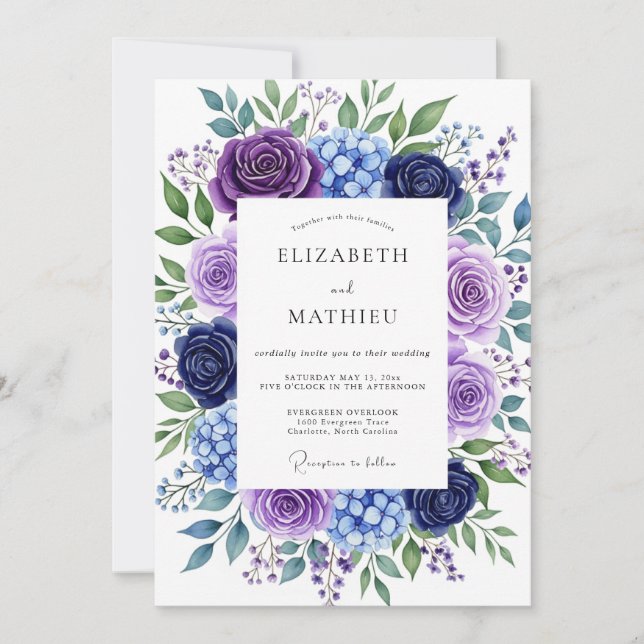 Invitation Mariage Romantique Floral Indigo Luxuriant (Devant)
