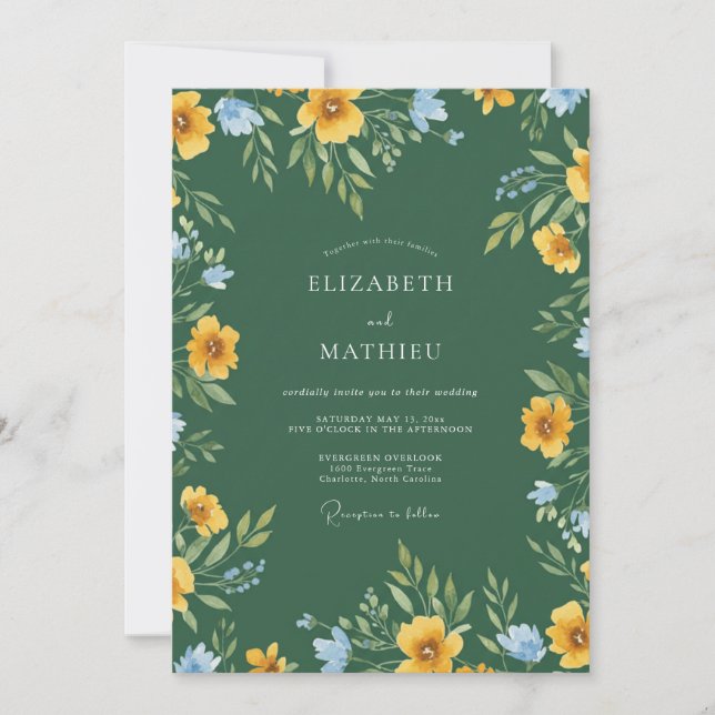 Invitation Mariage Romantique Floral Jaune Vert (Devant)