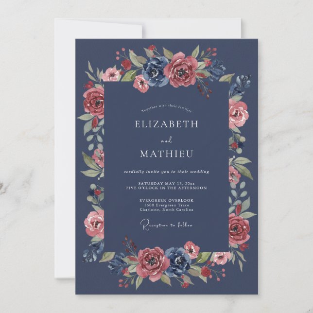 Invitation Mariage Romantique Floral Luxuriant Navy (Devant)