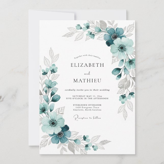 Invitation Mariage Romantique Floral Luxuriant Sarcelle (Devant)