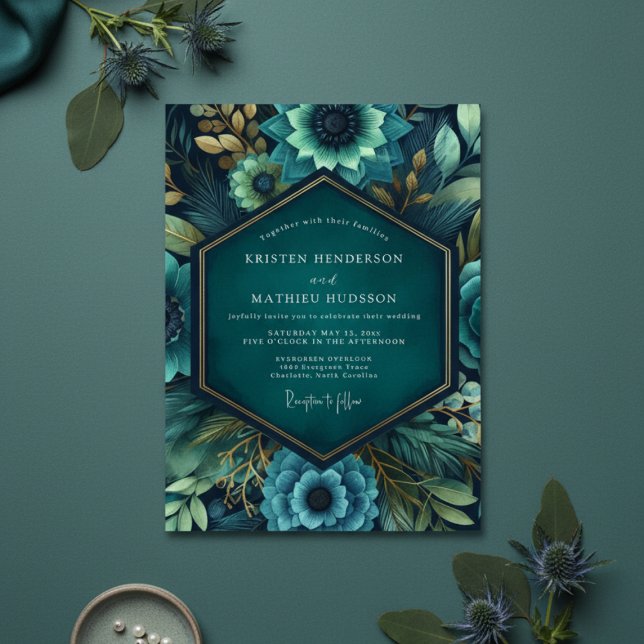Invitation Mariage Romantique Floral Luxuriant Sarcelle (Créateur téléchargé)