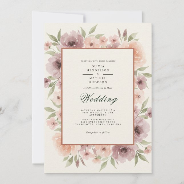 Invitation Mariage Romantique Floral Mauve (Devant)