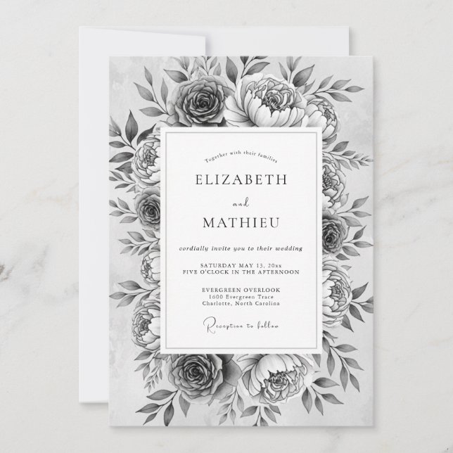 Invitation Mariage Romantique Floral Monochrome (Devant)