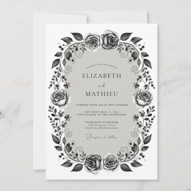 Invitation Mariage romantique floral monochrome (Devant)