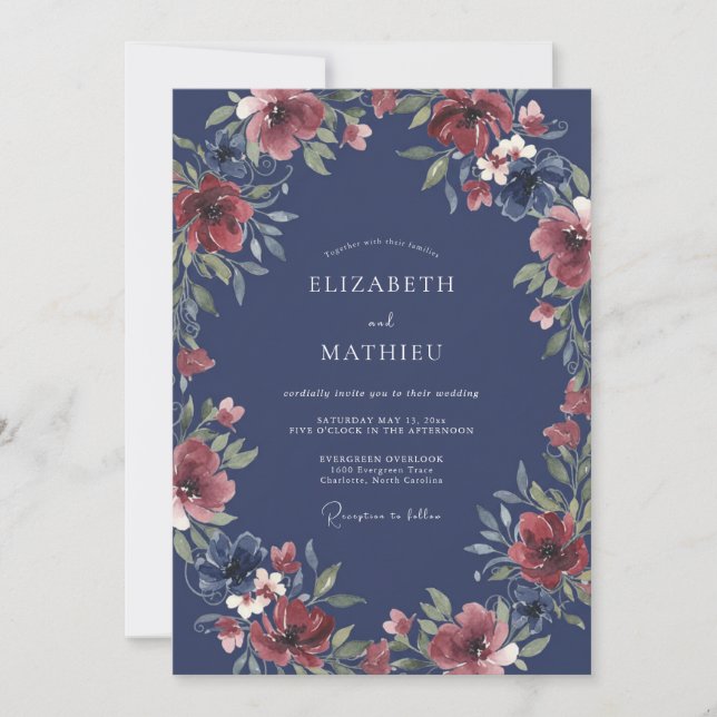 Invitation Mariage Romantique Floral Navy (Devant)