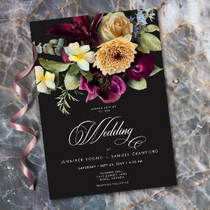 Invitation Mariage Romantique Floral Noir Burgundy Sombre