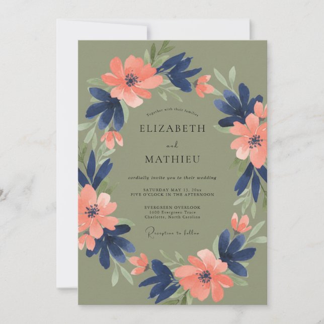 Invitation Mariage romantique floral olive marine (Devant)