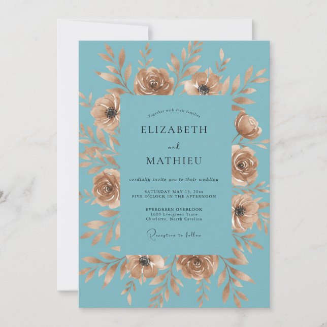 Invitation Mariage romantique floral or sarcelle (Devant)
