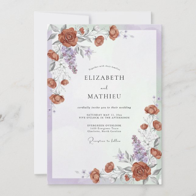 Invitation Mariage Romantique Floral Orange Brûlé (Devant)