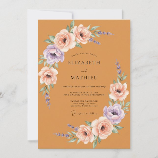 Invitation Mariage Romantique Floral Orange Brûlé à l'Aspect  (Devant)