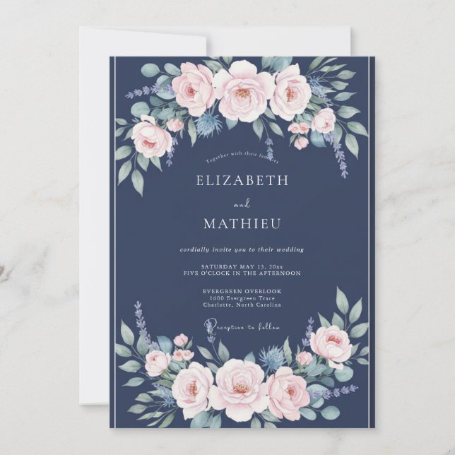 Invitation Mariage Romantique Floral Pastel Marine (Devant)