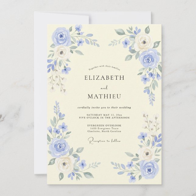 Invitation Mariage romantique floral pervenche (Devant)