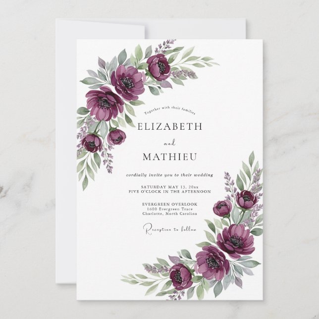 Invitation Mariage Romantique Floral Prune (Devant)