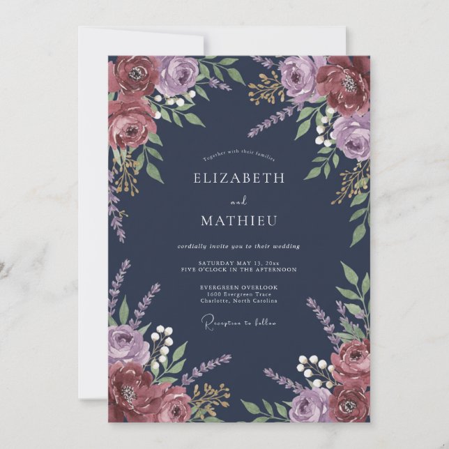 Invitation Mariage romantique floral prune marine (Devant)