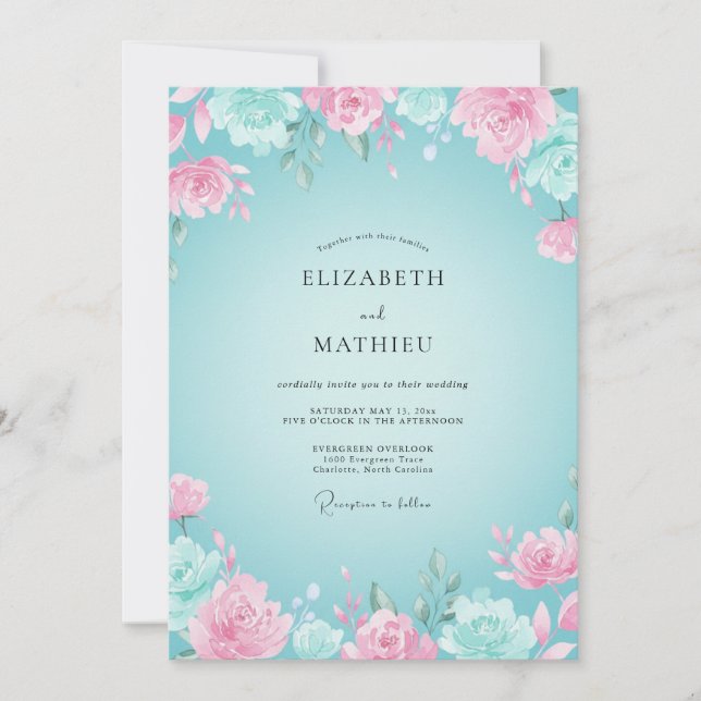 Invitation Mariage romantique floral rose aqua (Devant)