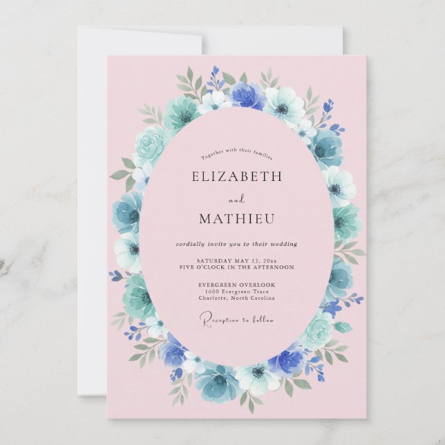 Invitation Mariage Romantique Floral Rose Bleu (Devant)