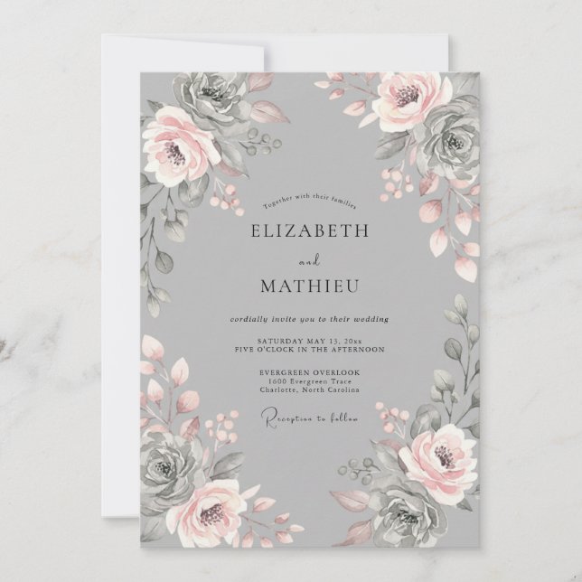 Invitation Mariage Romantique Floral Rose Pâle Gris (Devant)