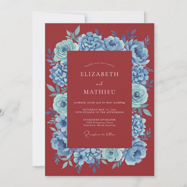 Invitation Mariage Romantique Floral Rouge Bleu (Devant)