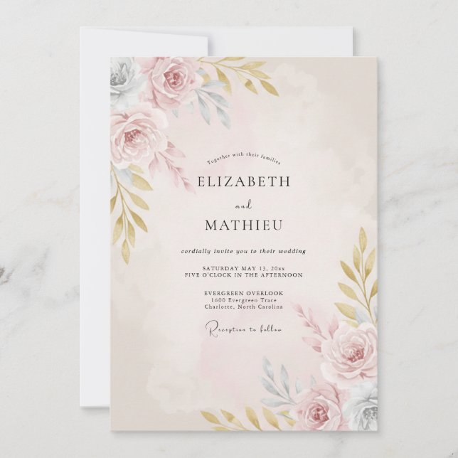 Invitation Mariage Romantique Floral Rouge Clair (Devant)