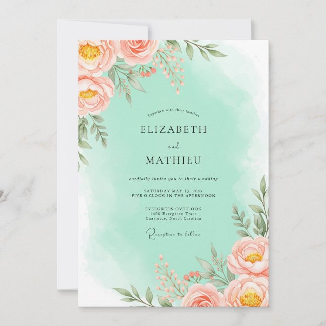 Invitation Mariage Romantique Floral Rouge Corail (Devant)
