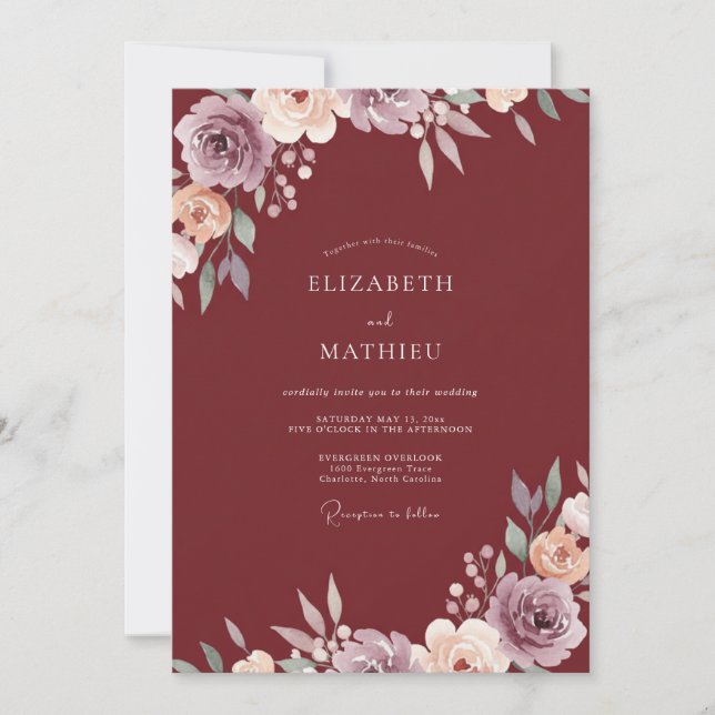 Invitation Mariage Romantique Floral Rustique en Bourgogne (Devant)