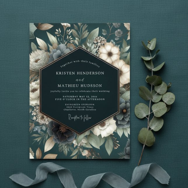 Invitation Mariage Romantique Floral Sarcelle (Créateur téléchargé)
