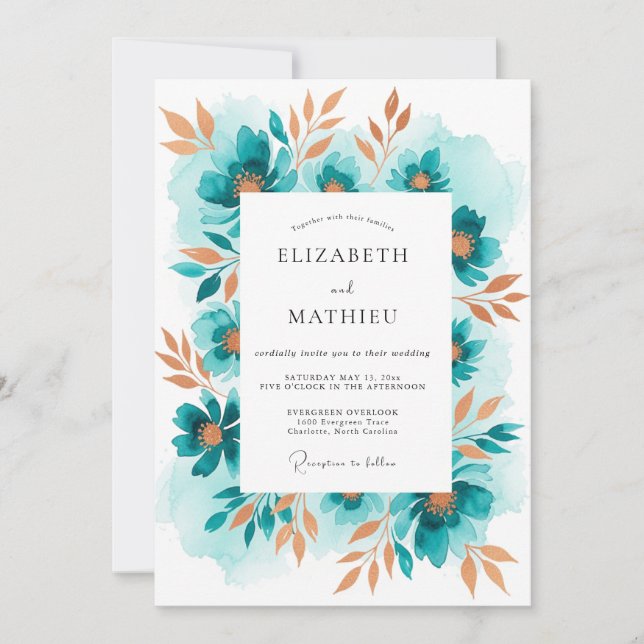 Invitation Mariage Romantique Floral Sarcelle (Devant)