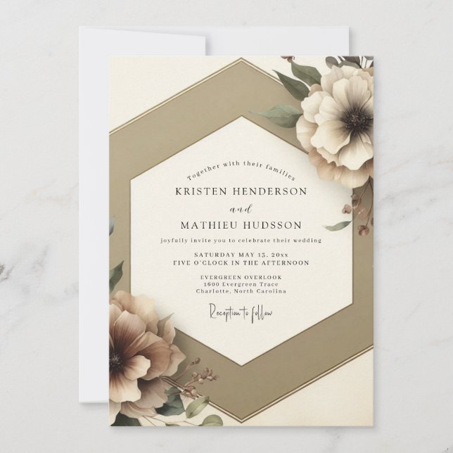 Invitation Mariage Romantique Floral Taupe (Devant)