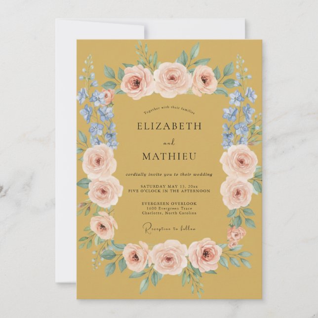 Invitation Mariage Romantique Floral Teint Doré (Devant)