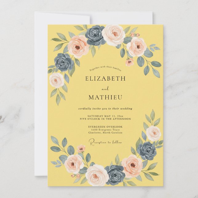 Invitation Mariage Romantique Floral Teinté de Jaune (Devant)
