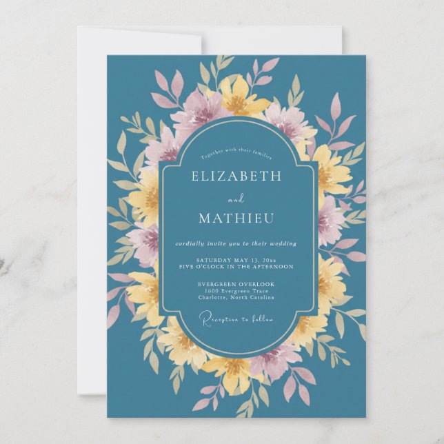 Invitation Mariage Romantique Floral Turquoise (Devant)