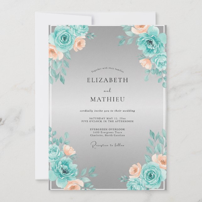Invitation Mariage Romantique Floral Turquoise Pêche (Devant)