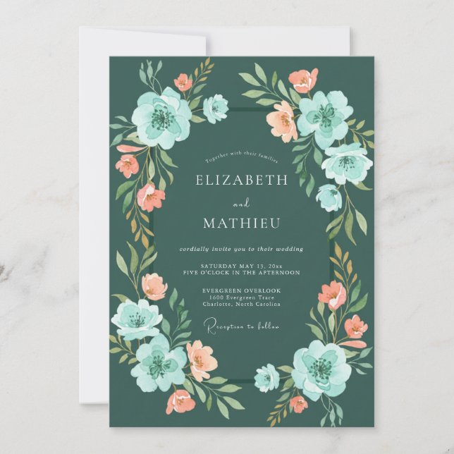 Invitation Mariage Romantique Floral Verdoyant Sarcelle (Devant)