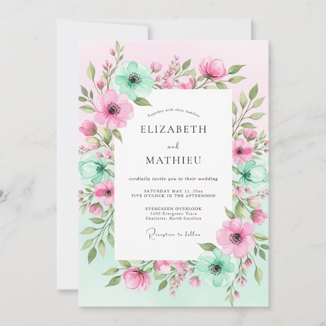 Invitation Mariage romantique floral vert menthe (Devant)